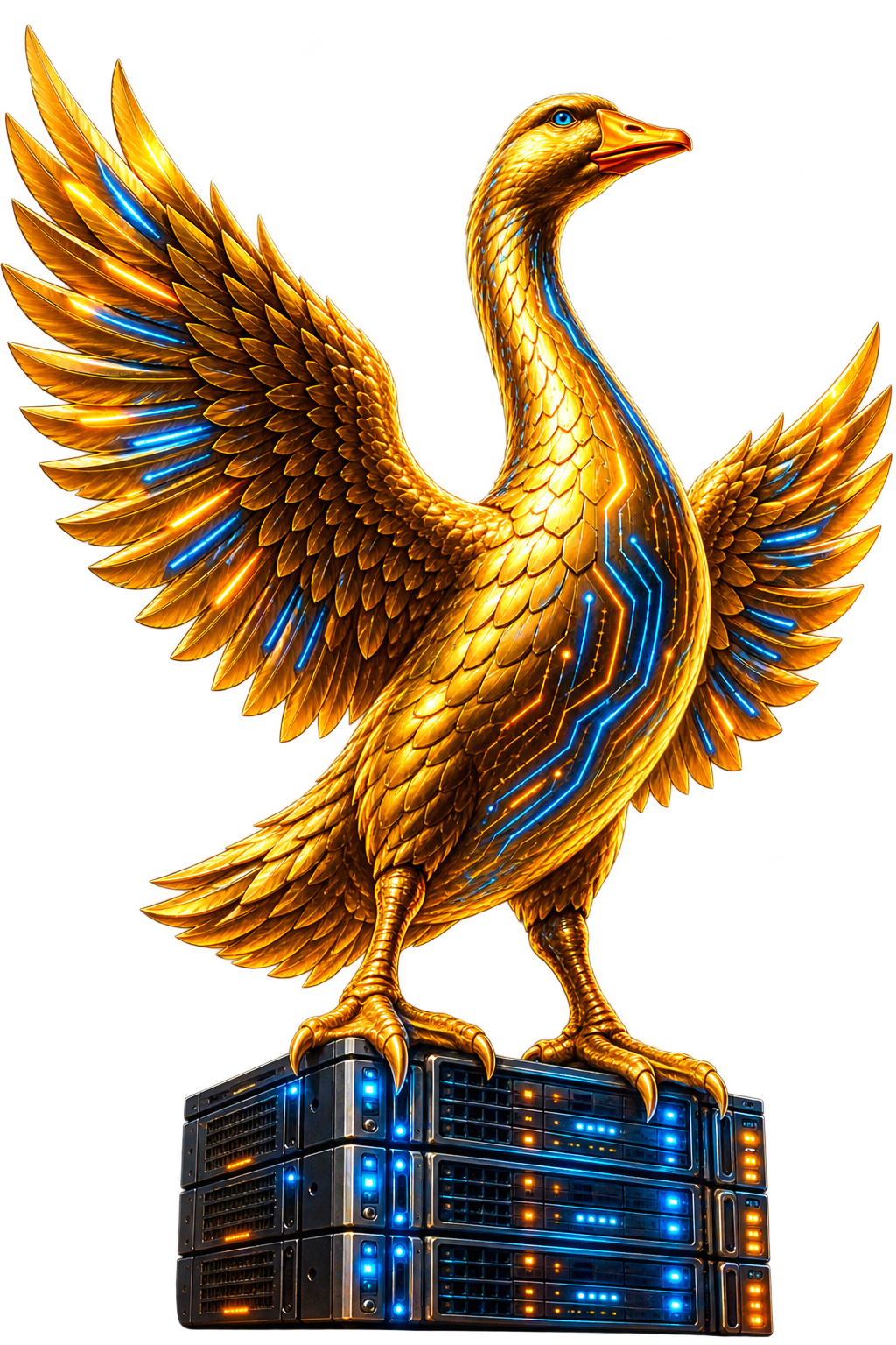 The Golden Goose — a golden AI-powered goose atop server racks